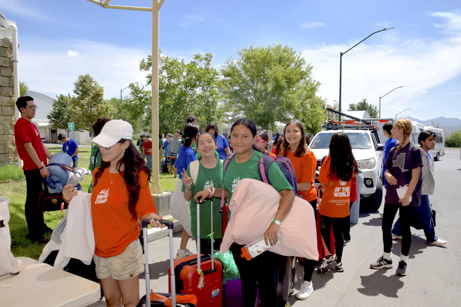 Students arriving at camp with their bags