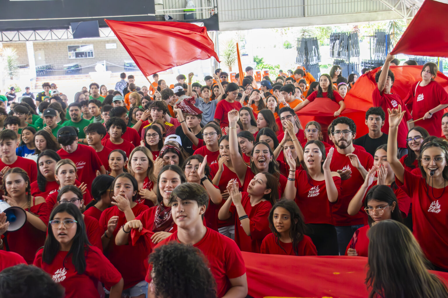 Red flags waving in the crowd