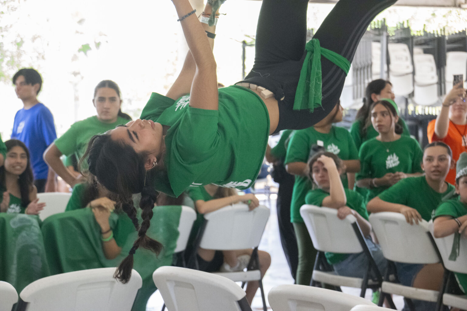 The green team hanging out at camp